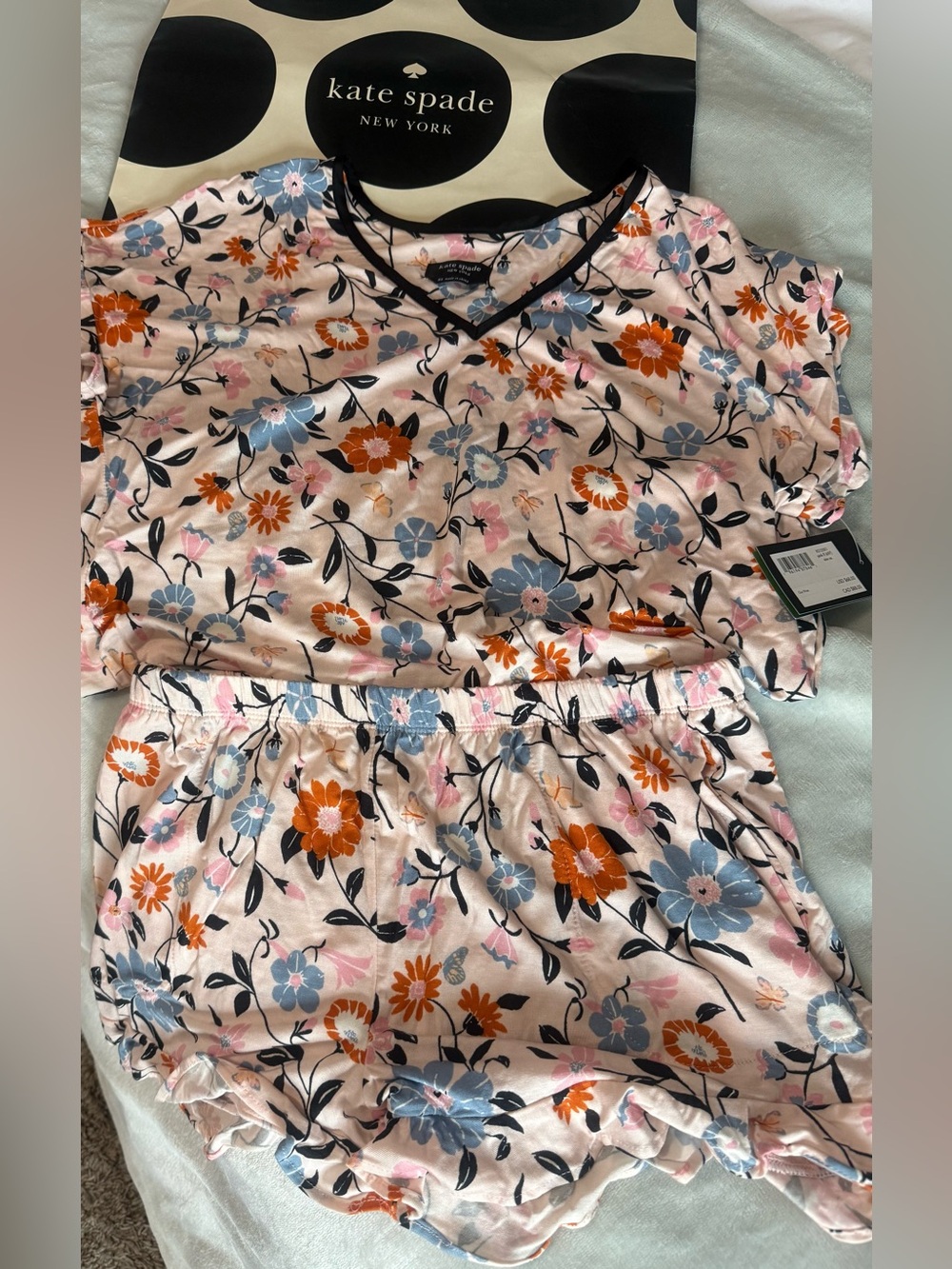 kate spade Pink Floral Short Pajama Set with Blue & Orange Flowers